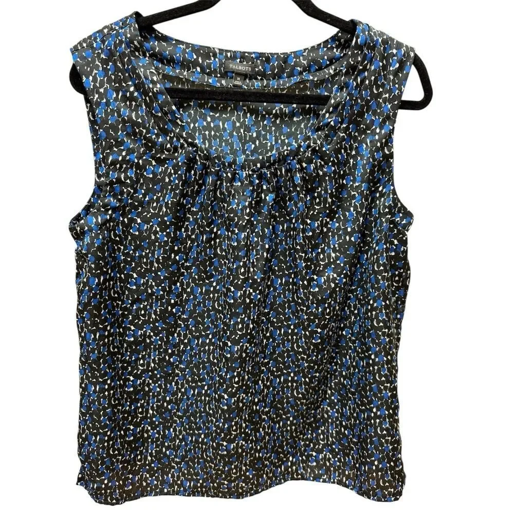Talbots black blue and white abstract‎ print pleated top. Womens. Sz M